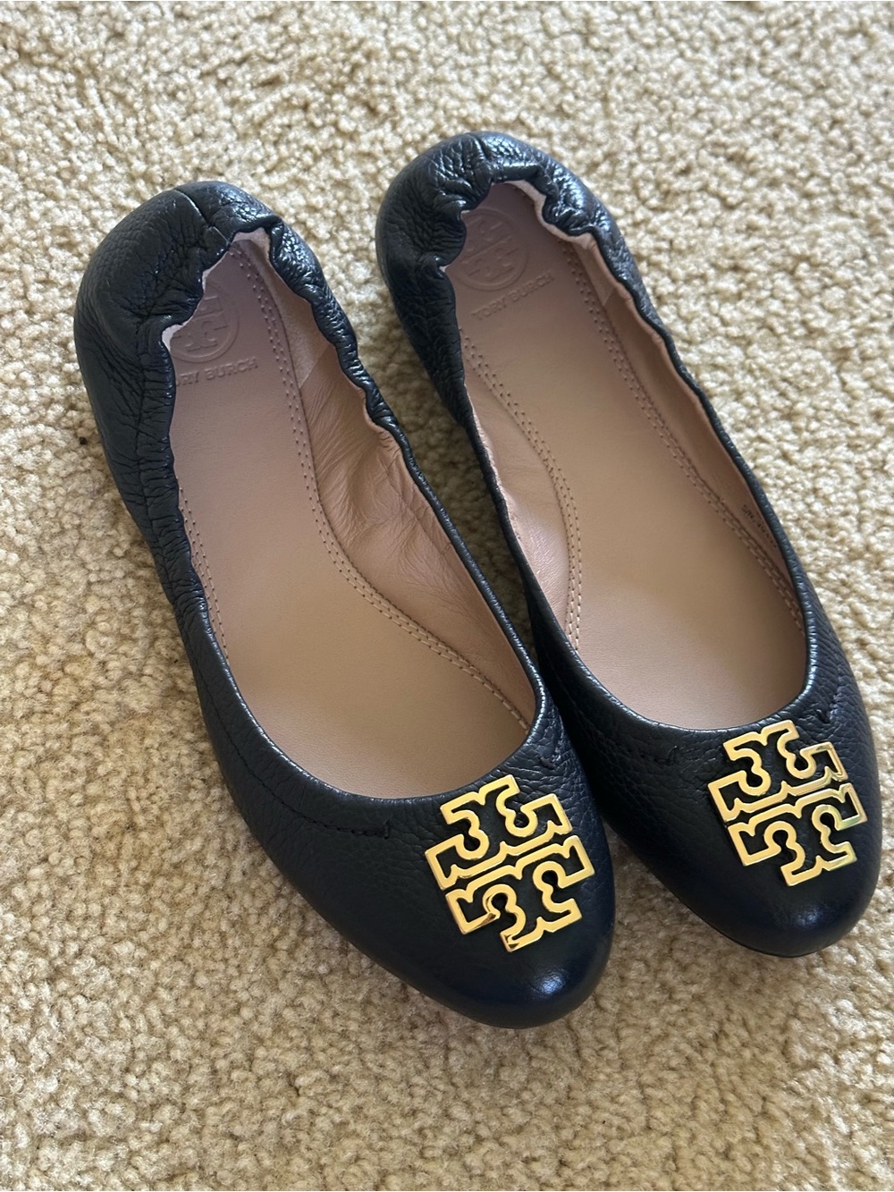 Tory Burch Black Leather Ballet Flats with Gold Logo Medallion - Picture 2 of 6
